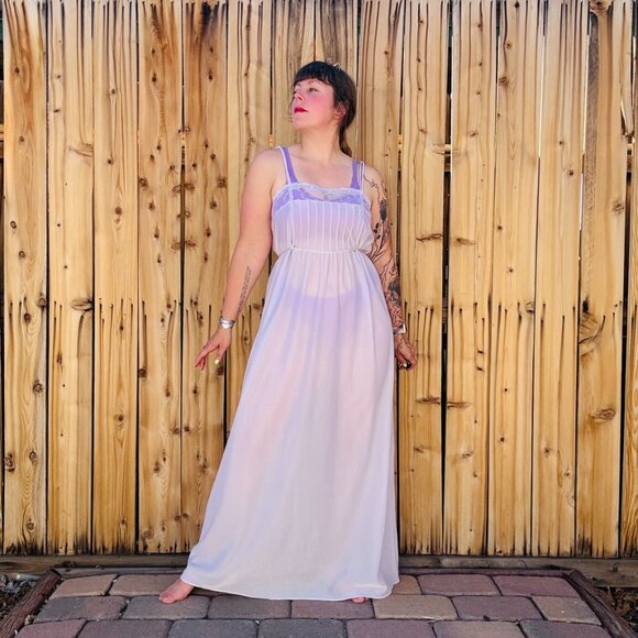Vintage Nightgown 70s Undercover Wear Purple Empire Waist Sheer Negligee M/L - Picture 3 of 15